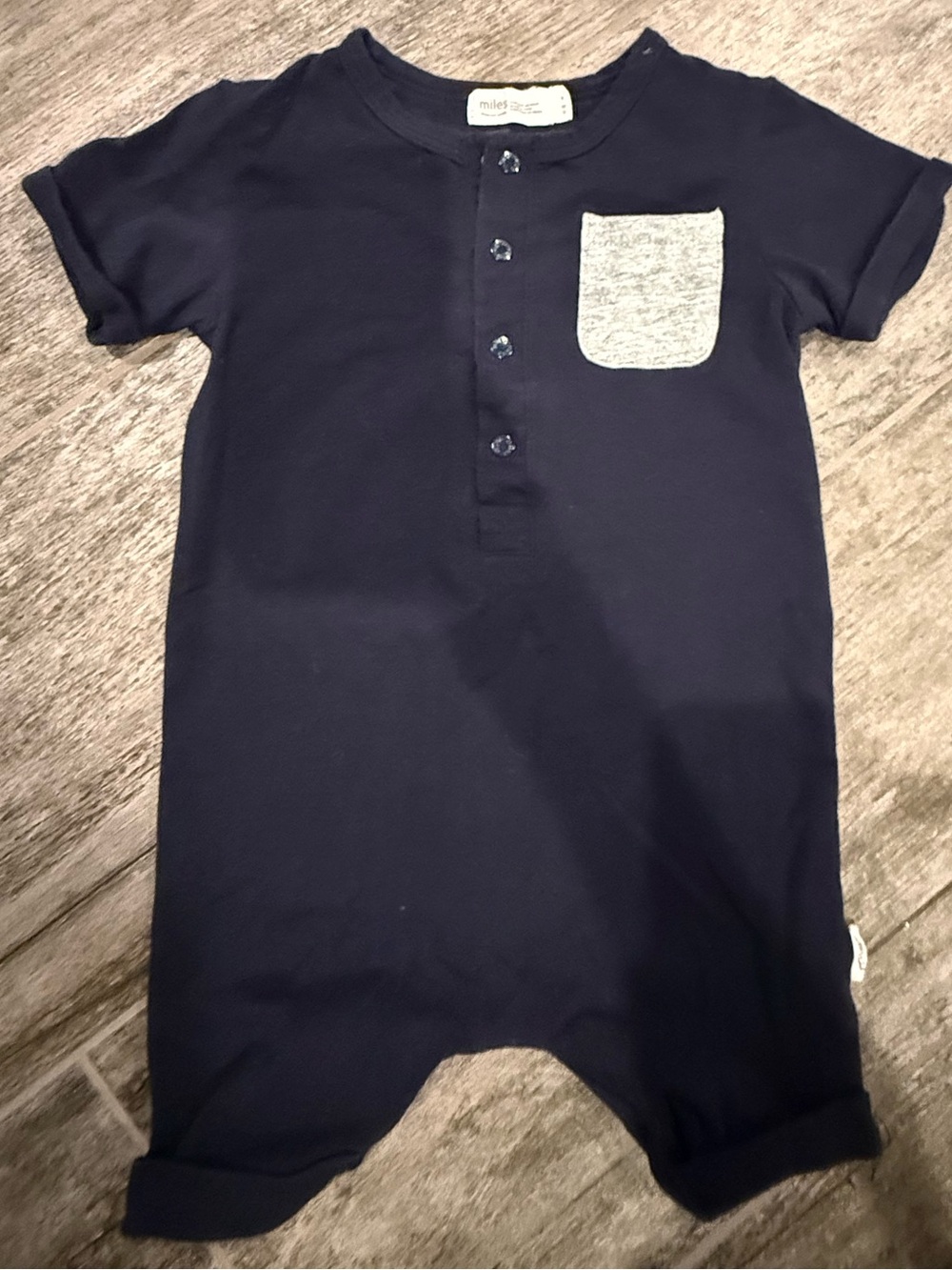 Miles Baby Navy Short Sleeve Romper with Heather Pocket - 9 months